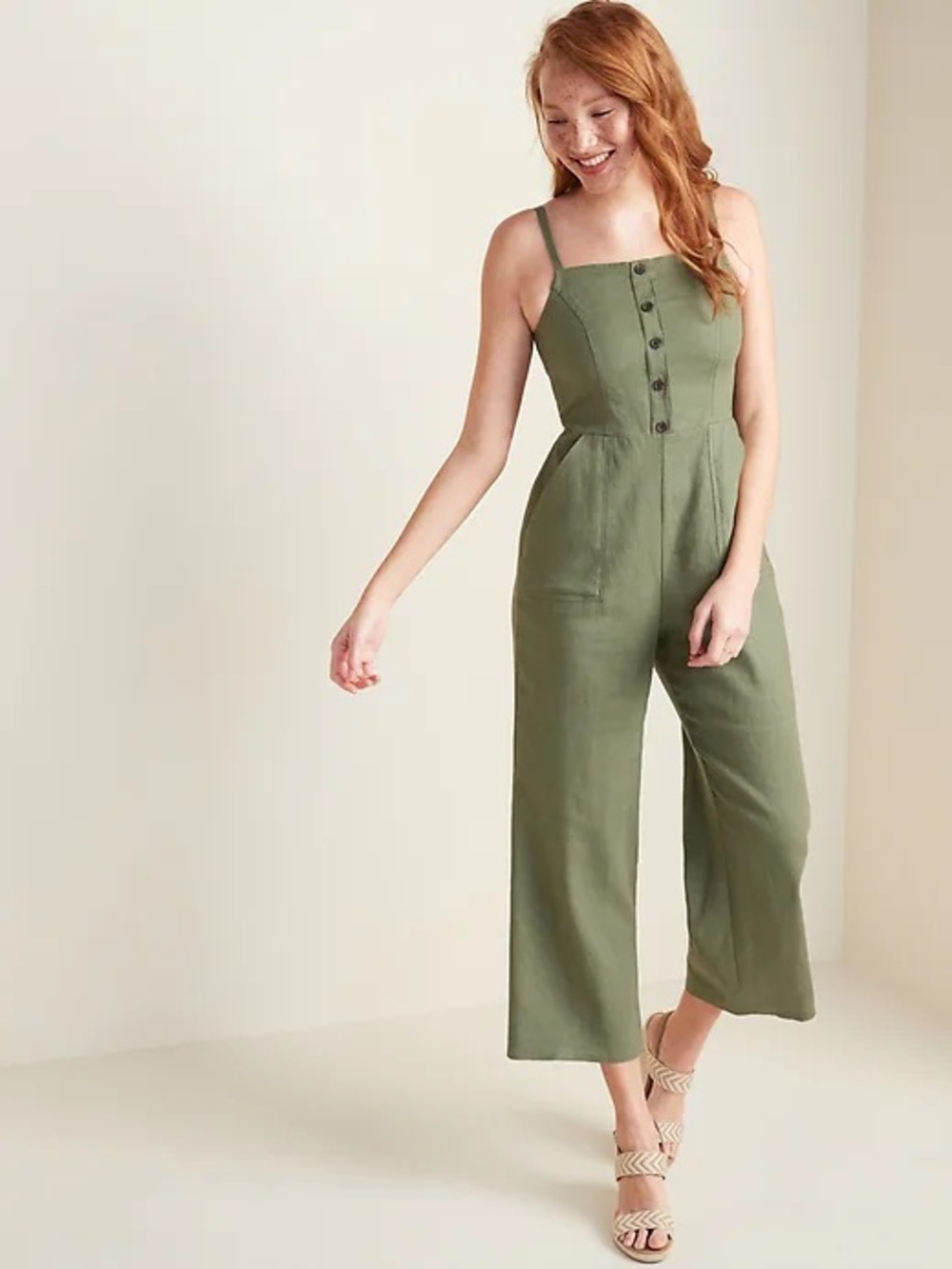 Old Navy Linen Blend Button Front Cami Jumpsuit - Olive Green Small Tall